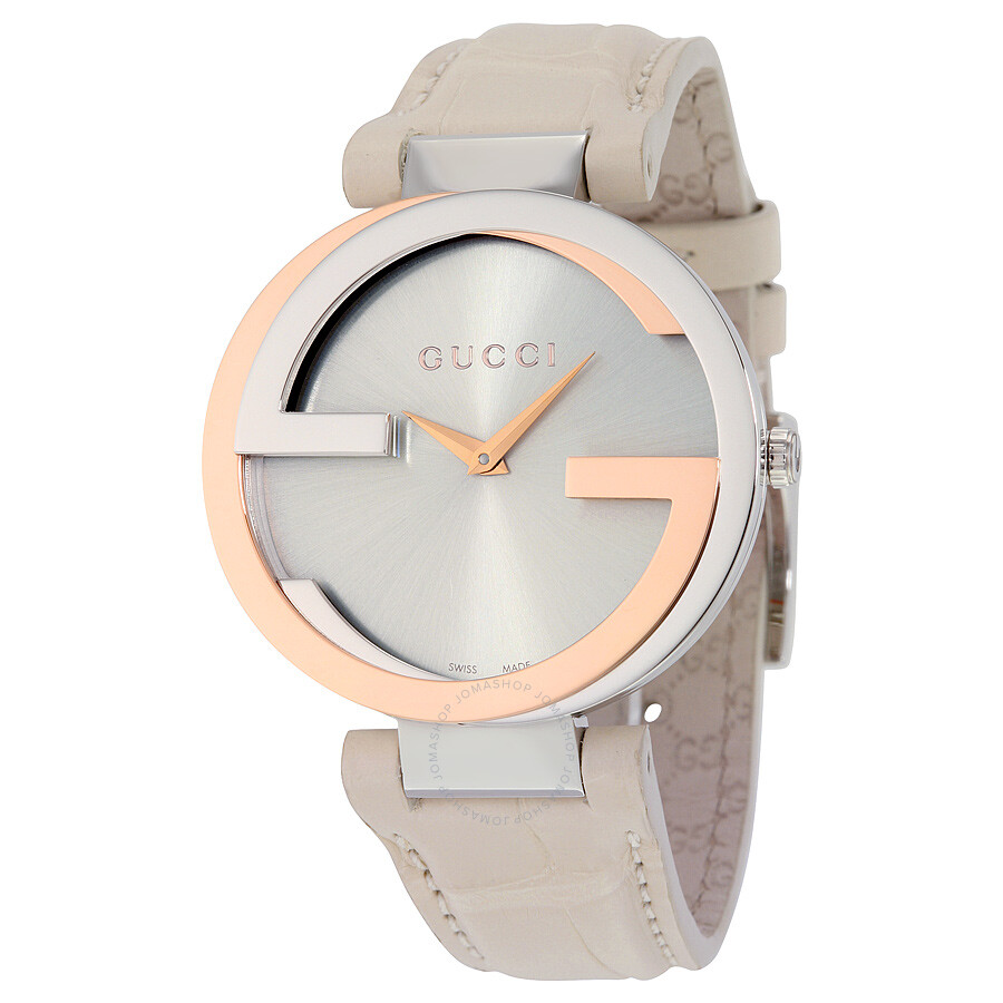 Gucci Interlocking Large Silver Dial White Leather Ladies Watch YA133303 - Interlocking - Gucci ...