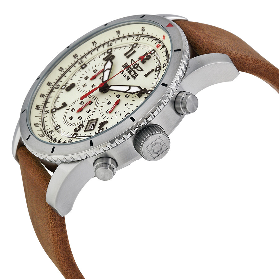 Invicta Aviator Chronograph Cream Dial Tan Leather Men's Watch 18923 Aviator Invicta