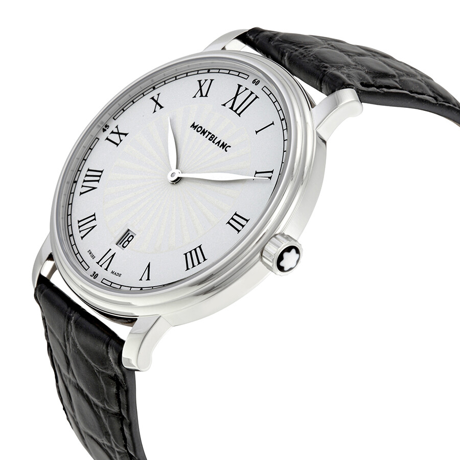 Montblanc Tradition Date White Guilloche Dial Black Leather Men s Watch 