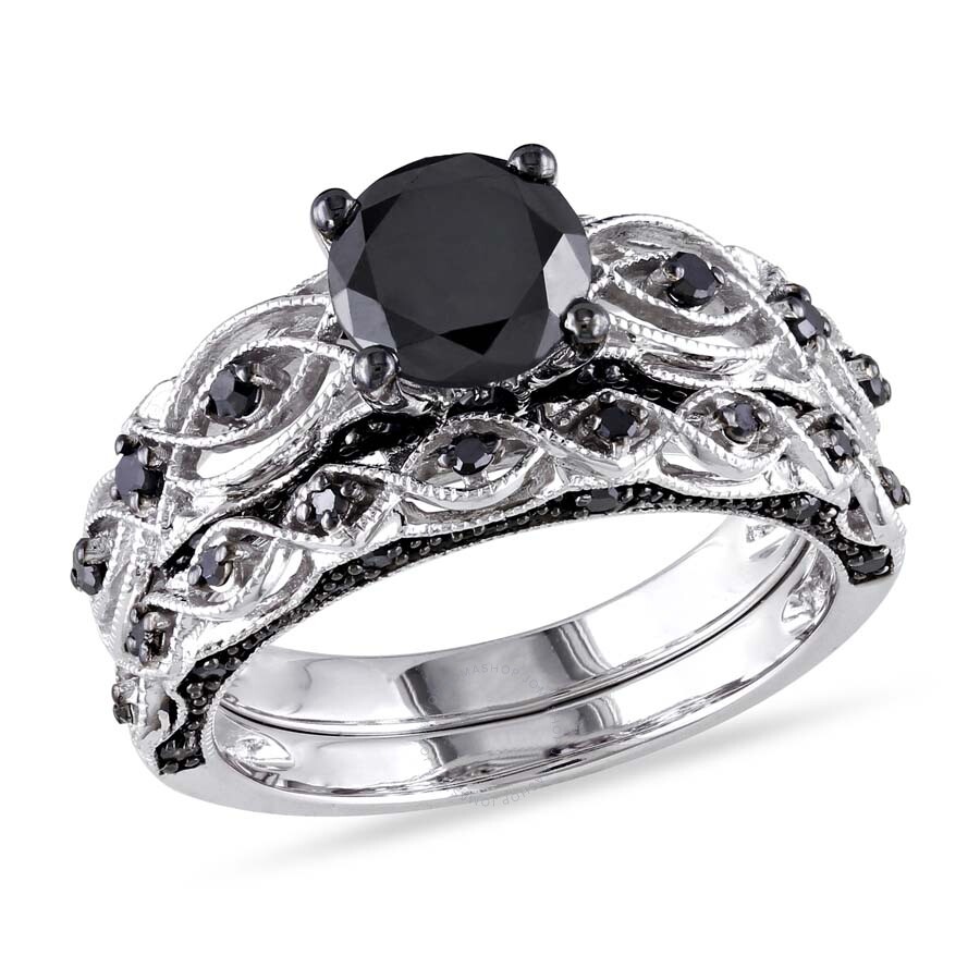 Shop Amour 1 3/8 Ct Tw Black Diamond Bridal Set In 10k White Gold With Black Rhodium In Black / Gold / Gold Tone / Rhodium / White