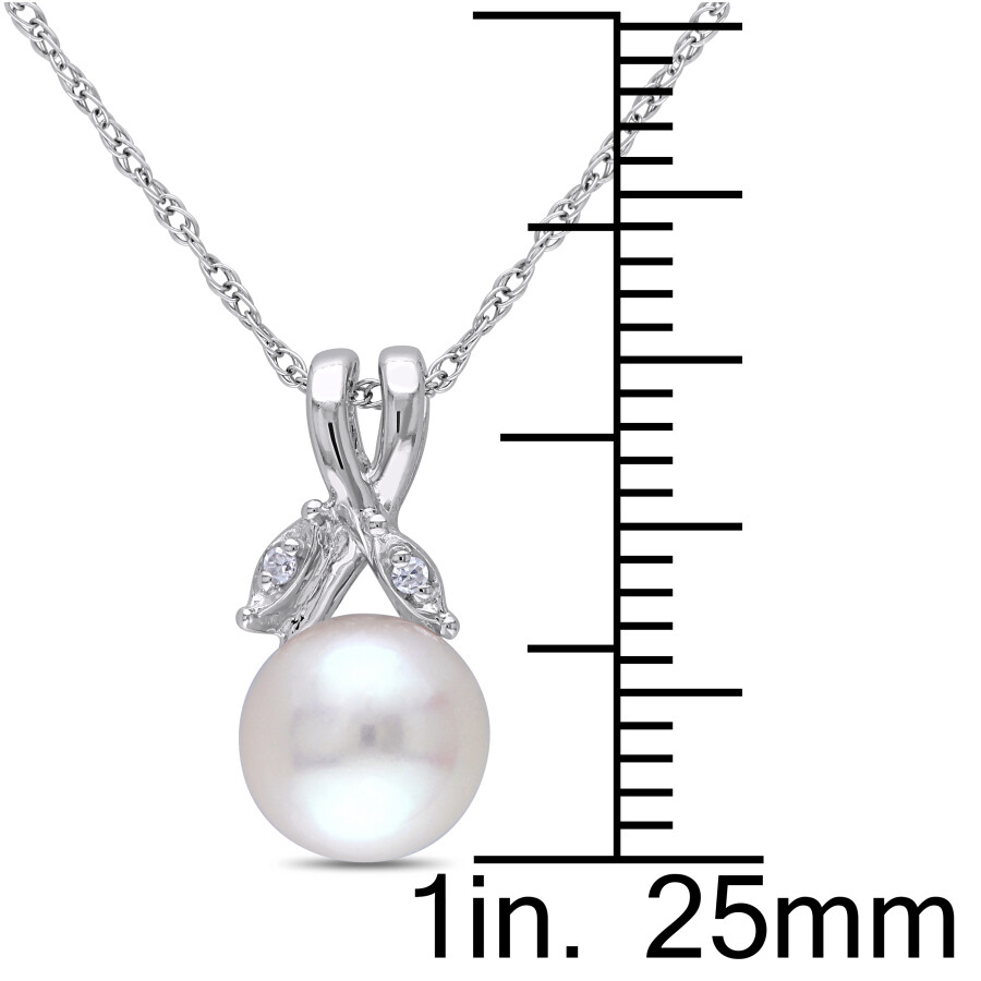 Amour 7.5 - 8 Mm White Cultured Freshwater Pearl And Diamond Pendant With Chain In 10k White Gold In White