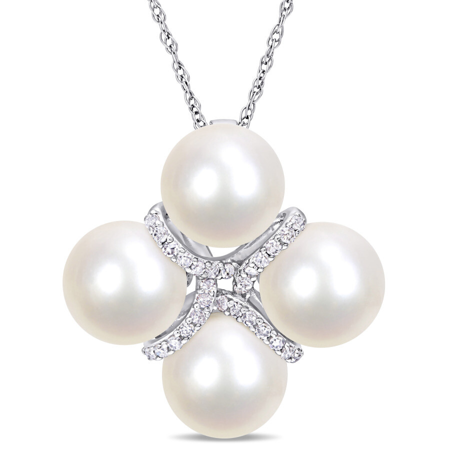 Shop Amour 8 - 8.5 Mm Cultured Freshwater Pearl And 1/7 Ct Tw Diamond Crossover Pendant With Chain In 10k In White