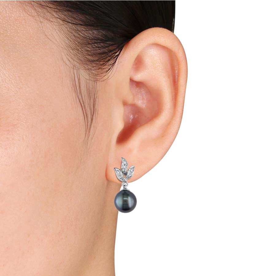 Amour 9 - 9.5 Mm Black Tahitian Cultured Pearl And 1/10 Ct Tw Diamond Earrings In 10k White Gold In White