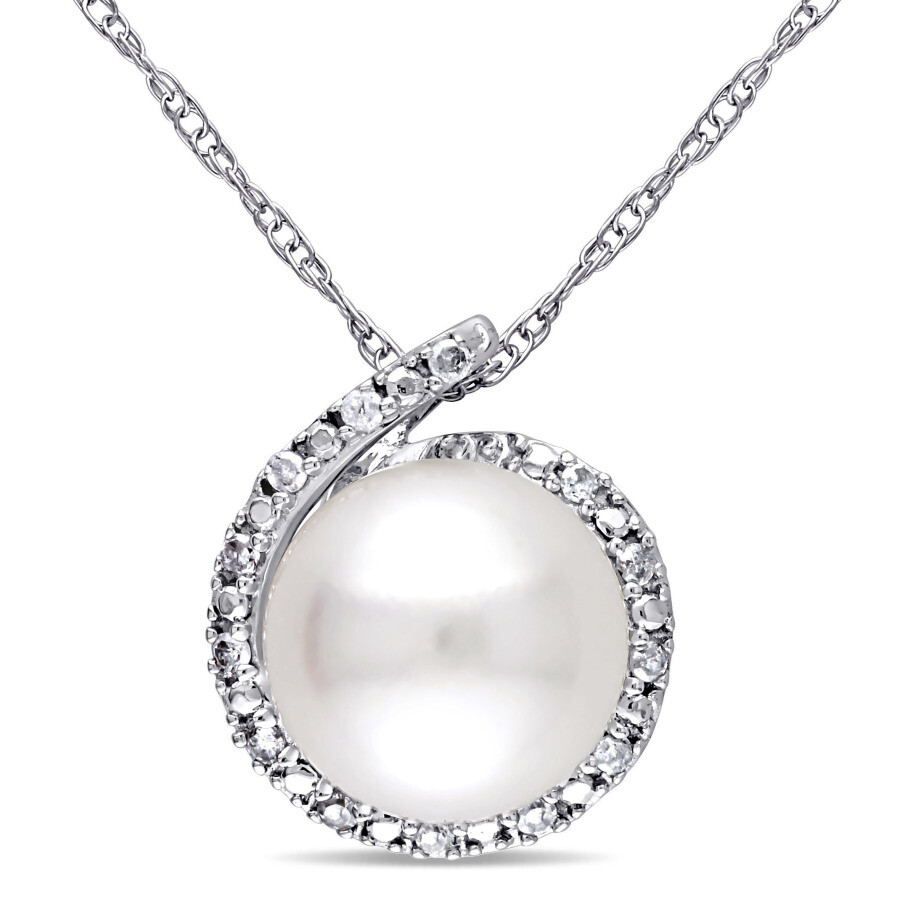 AMOUR AMOUR 8 - 8.5 MM WHITE CULTURED FRESHWATER PEARL AND DIAMOND HALO PENDANT WITH CHAIN IN 10K WHITE GO