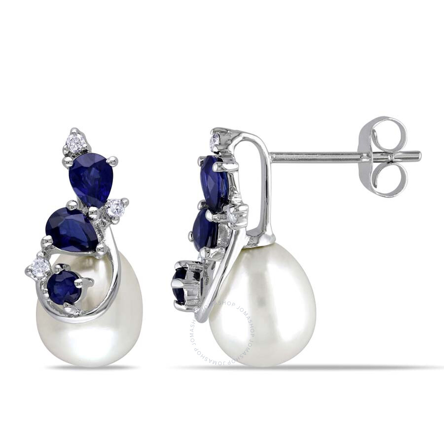 Amour 7.5 - 8 Mm White Cultured Freshwater Pearl Earrings With Diamonds And Sapphire In 10k White Go In White
