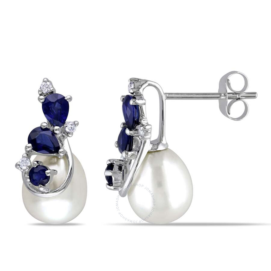 Shop Amour 7.5 - 8 Mm White Cultured Freshwater Pearl Earrings With Diamonds And Sapphire In 10k White Go