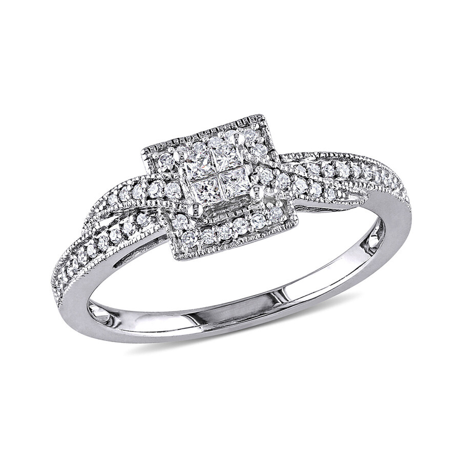 Shop Amour 1/4 Ct Tw Princess Cut Quad And Round Diamond Halo Crossover Engagement Ring In 10k White Gold In Gold / White