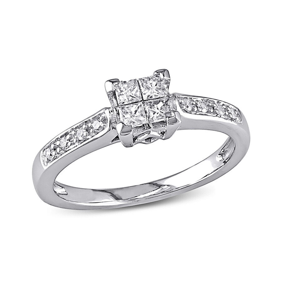 Amour 1/4 Ct Tw Princess Cut Quad And Round Diamond Engagement Ring In 10k White Gold In Gold / White