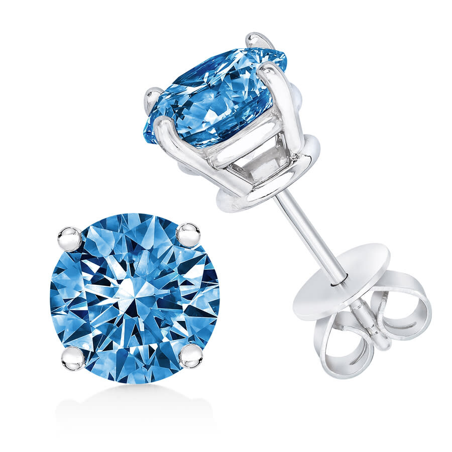 Haus Of Brilliance 14k White Gold 1.0 Cttw Round Brilliant Cut Lab Grown Blue Diamond 4-prong Classic Solitaire Stud Ea In White