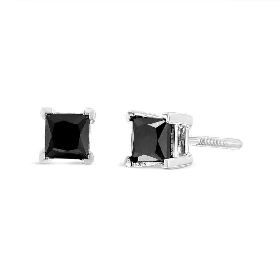 Haus Of Brilliance 14k White Gold 4.00 Cttw Princess-cut Treated Black Diamond Classic 4-prong Stud Earrings With Screw In White