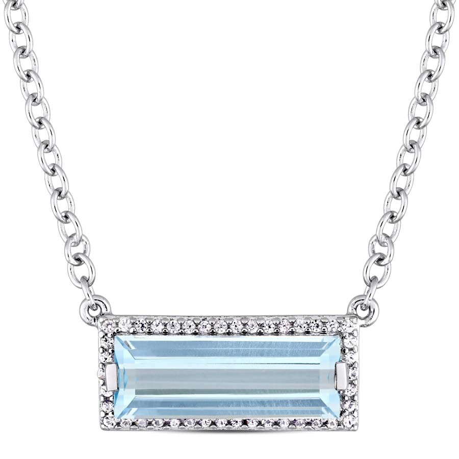 Shop Amour 3 Ct Tgw Baguette Cut Blue Topaz And White Sapphire Halo Necklace In Sterling Silver