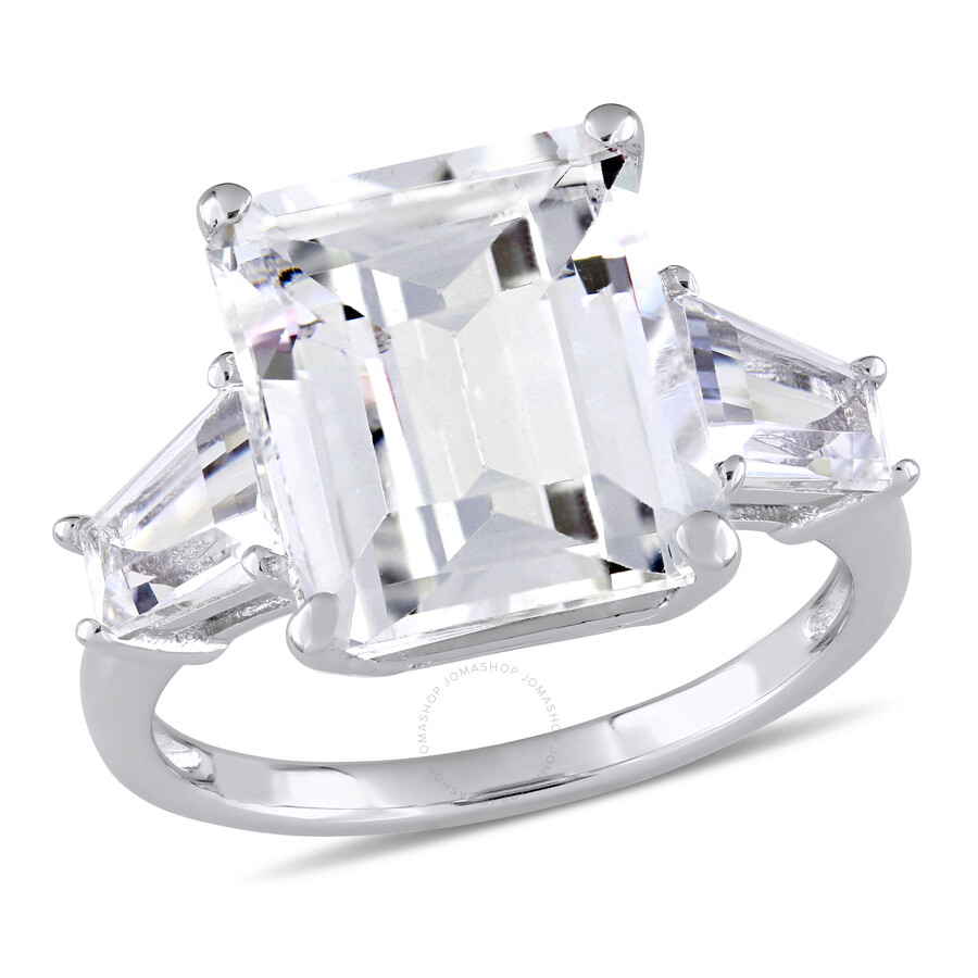 Amour 8 7/8 Ct Tgw Emerald And Tapered-cut White Topaz 3-stone Ring In Sterling Silver In White