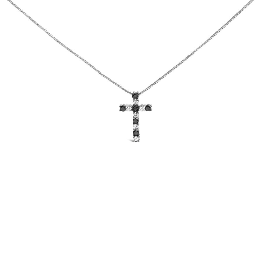 Haus Of Brilliance .925 Sterling Silver 1/2 Cttw Alternating Black And White Diamond Cross Pendant Necklace In Metallic