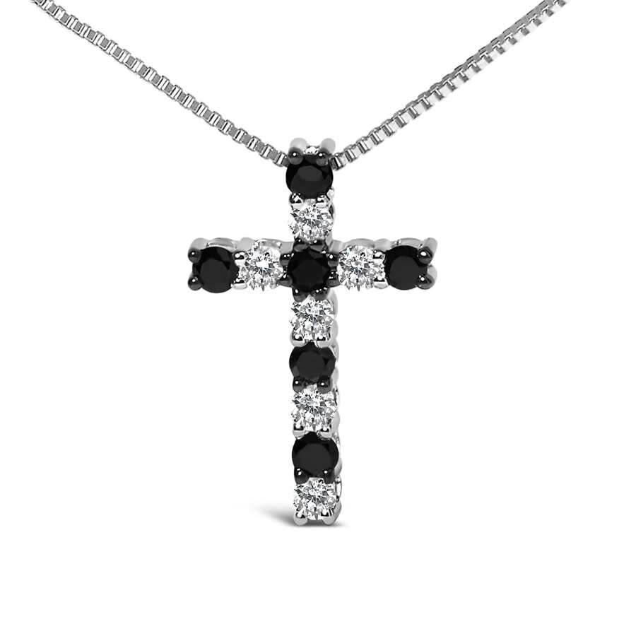 Haus Of Brilliance .925 Sterling Silver 1/2 Cttw Alternating Black And White Diamond Cross Pendant Necklace In Metallic