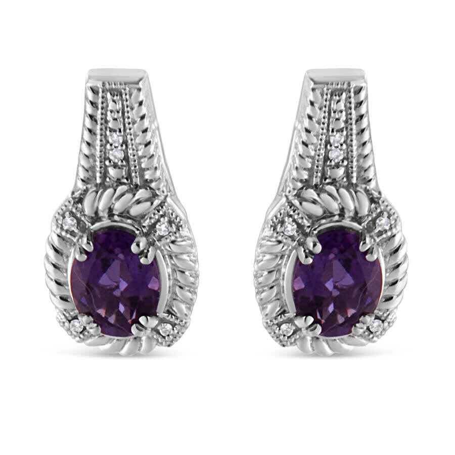 Haus Of Brilliance .925 Sterling Silver 8x6 Mm Natural Oval Purple Amethyst Gemstone And Diamond Accent Art Drop And Da In White