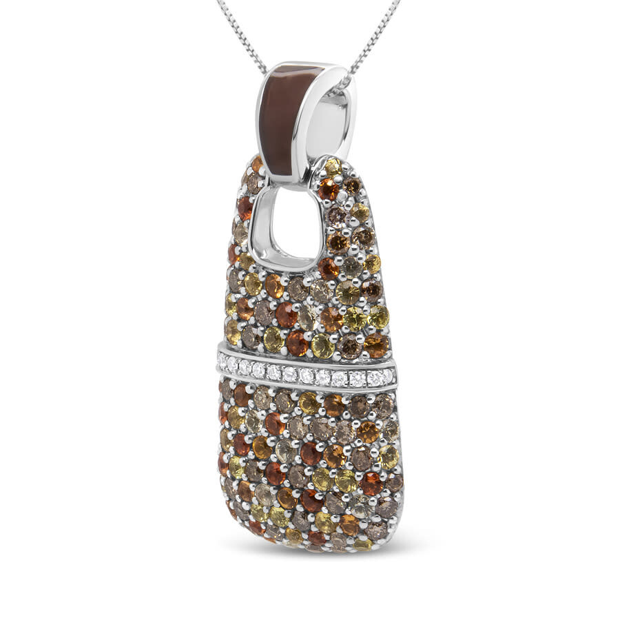 Haus Of Brilliance .925 Sterling Silver Brown Enamel 1 Cttw White And Brown Diamonds And 1.5mm Yellow And Orange Sapphi In White