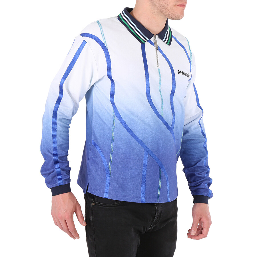 Ahluwalia Expression Zip-up Long-sleeved Polo Shirt In Blue/white