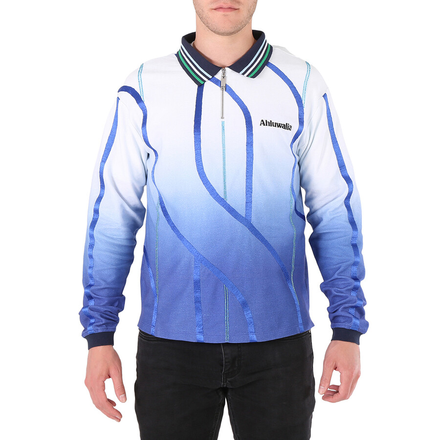 Ahluwalia Expression Zip-up Long-sleeved Polo Shirt In Blue/white