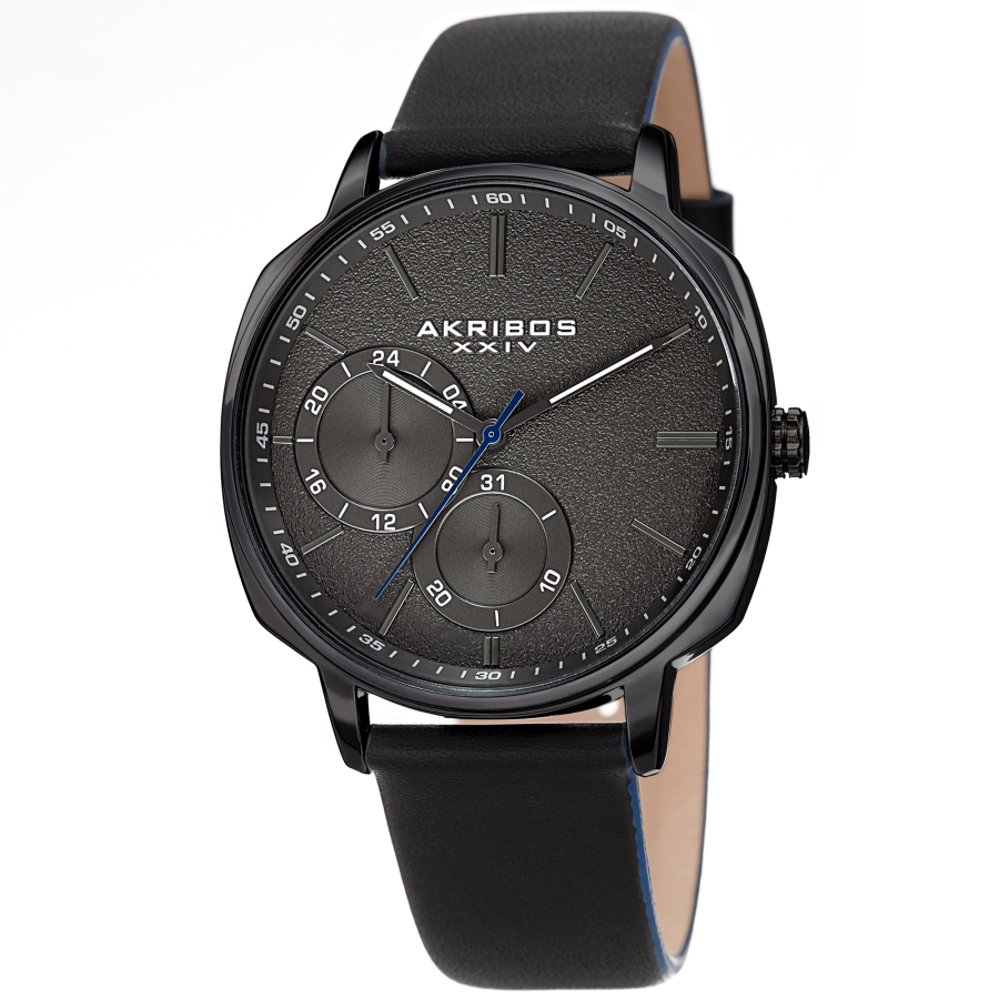 Akribos XXIV Quartz Grey Dial Black Leather Men's Watch AK1022BK