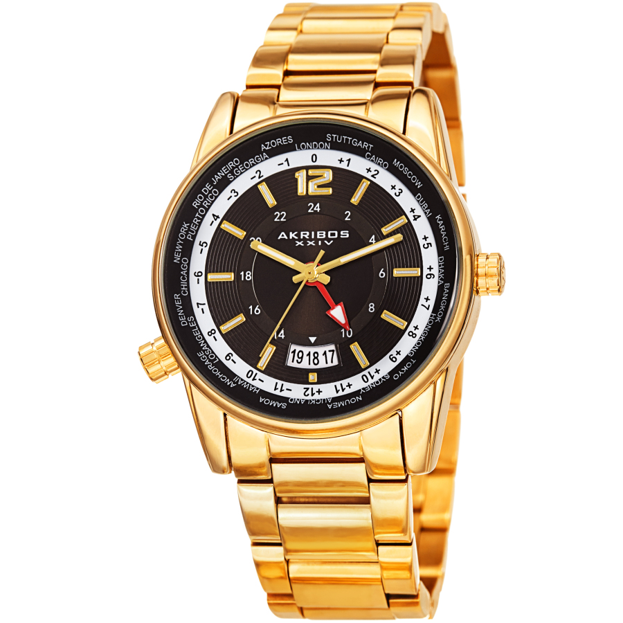 Akribos XXIV World Time Quartz Black Dial Men's Watch AK1021YGB