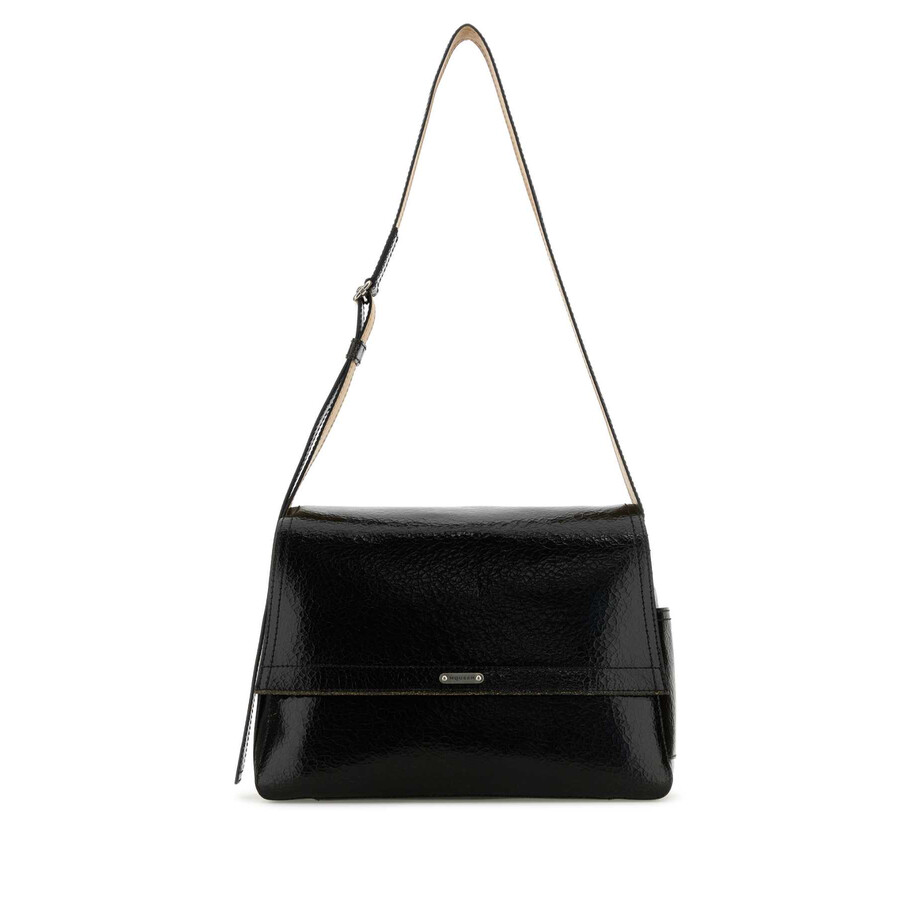 Alexander Mcqueen Black Leather The Slouch Crossbody Bag In Blackcaramelsilver