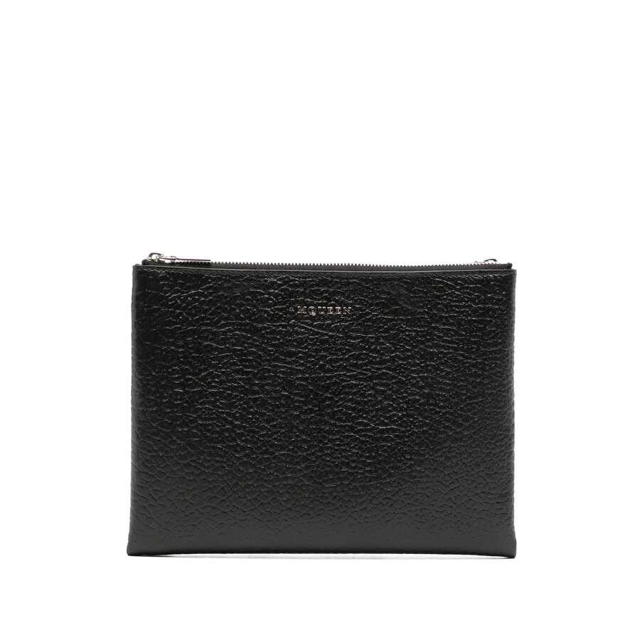Alexander Mcqueen Black Hammered Leather Clutch Bag With Logo In Silver Tone/black