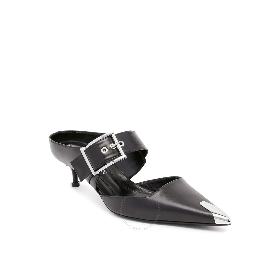 Alexander Mcqueen 115 Toe Cap Punk Leather Mules In Silver Tone/black