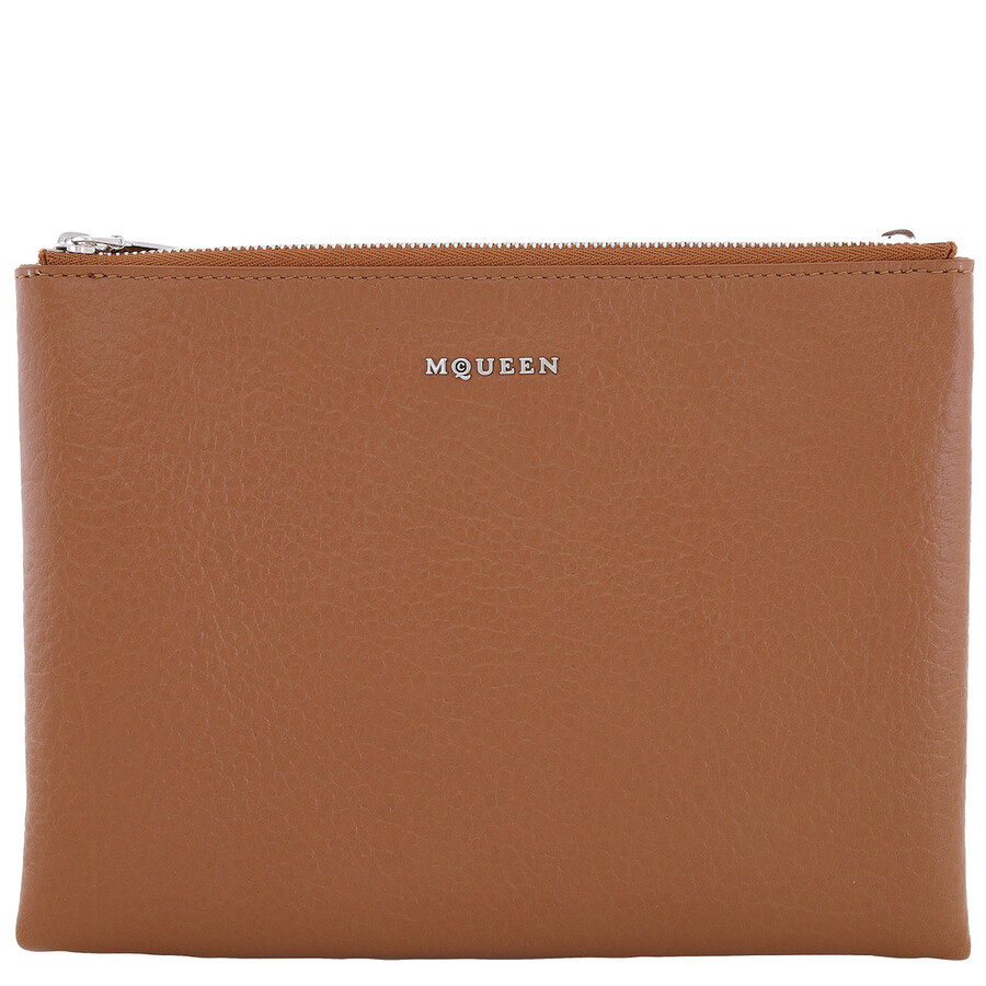 Alexander Mcqueen Ladies Pecan / Silver Logo-plaque Clutch In Silver Tone