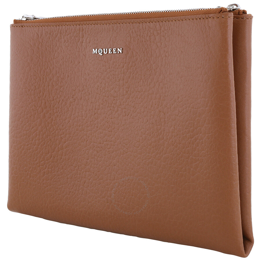 Alexander Mcqueen Ladies Pecan / Silver Logo-plaque Clutch In Silver Tone
