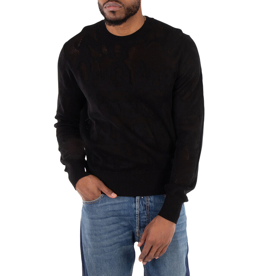 Men's Black Logo Detailed Open-Knit Crewneck Jumper