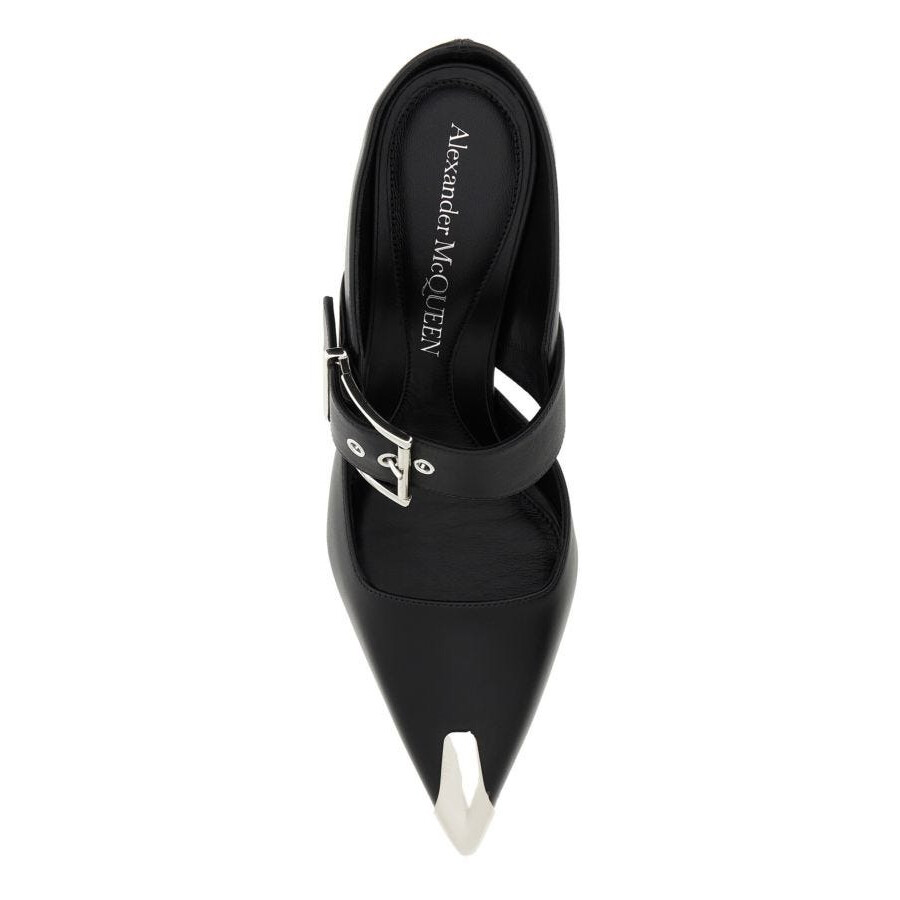 Alexander Mcqueen Punk Buckle Leather Mule In Silver Tone/black