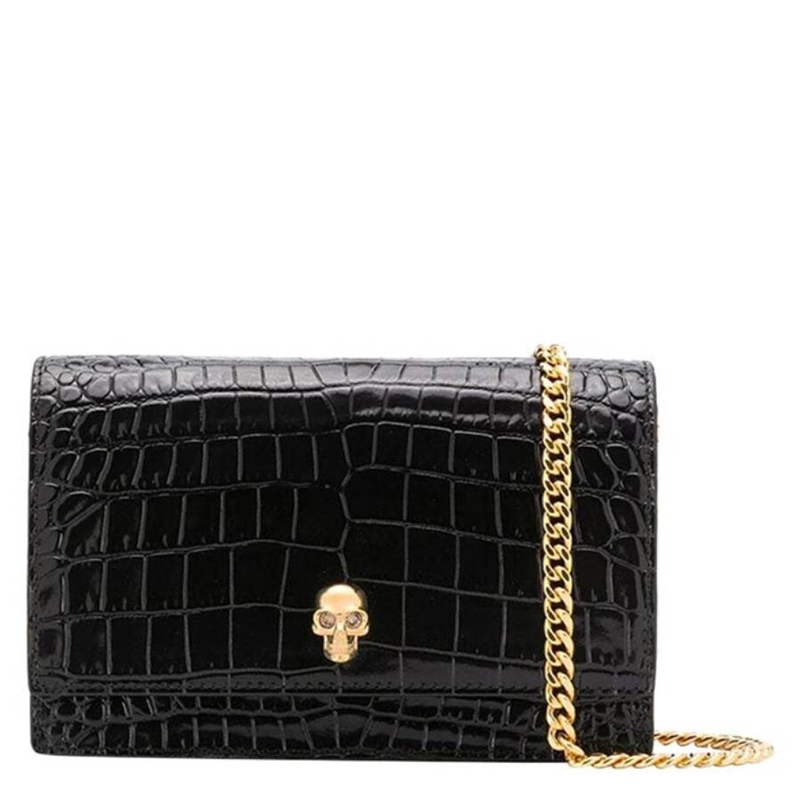 Alexander Mcqueen Skull Small Embossed Croc Leather Crossbody Bag In Black