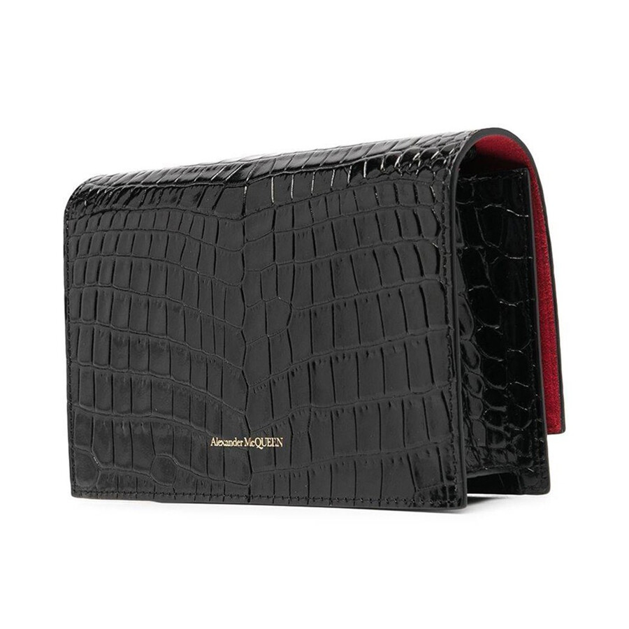 Alexander Mcqueen Skull Small Embossed Croc Leather Crossbody Bag In Black