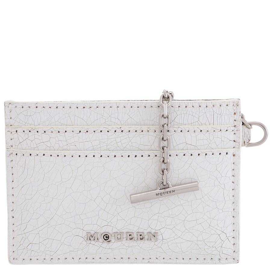 Alexander Mcqueen White / Cognac / Silver Men's Crackled Leather Card Holder Sling In Brown/white/silver Tone