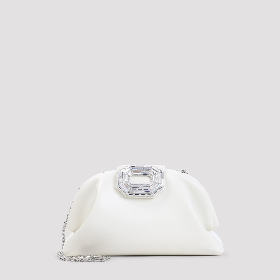 Amina Muaddi Almond White Leather Camelia Bag In White