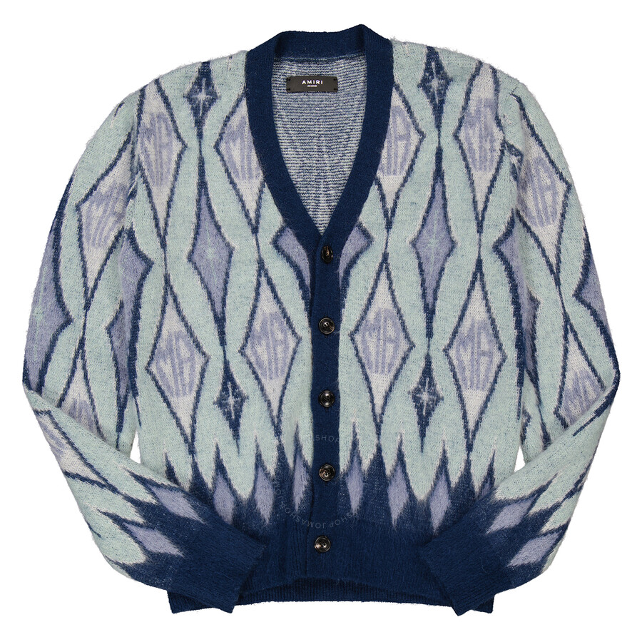 Amiri Argyle Mohair Blend Knit Cardigan In Blue