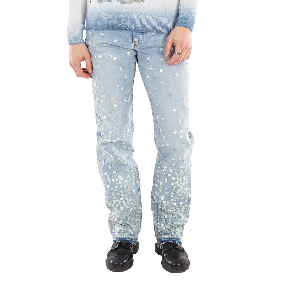 Men's Blue Floral Appliqued Straight Jeans