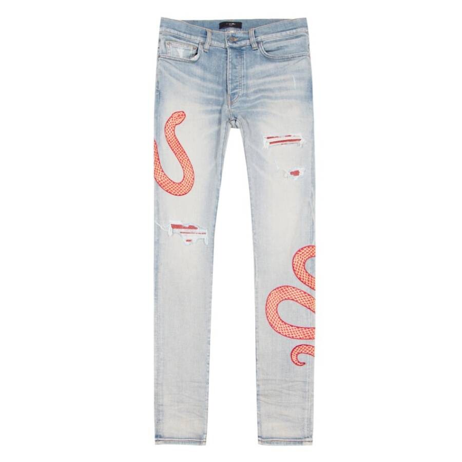 Snake Embroidered Distressed Skinny Jeans