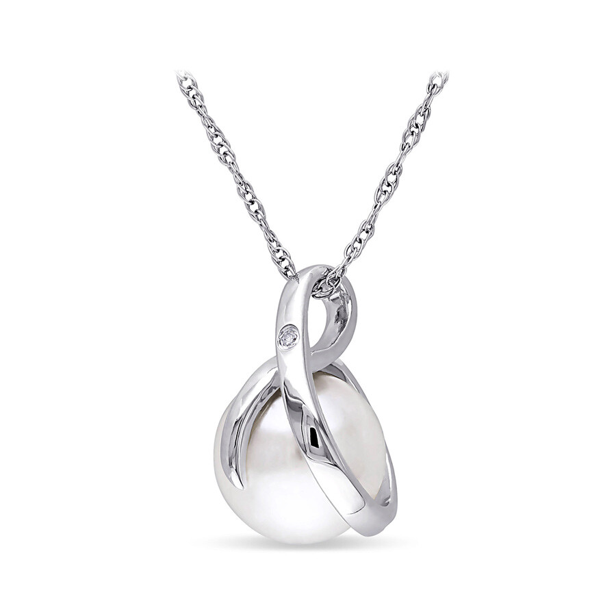 Amour 8 - 8.5 Mm Cultured Freshwater Pearl And Diamond Swirl Pendant With Chain In 10k White Gold In White