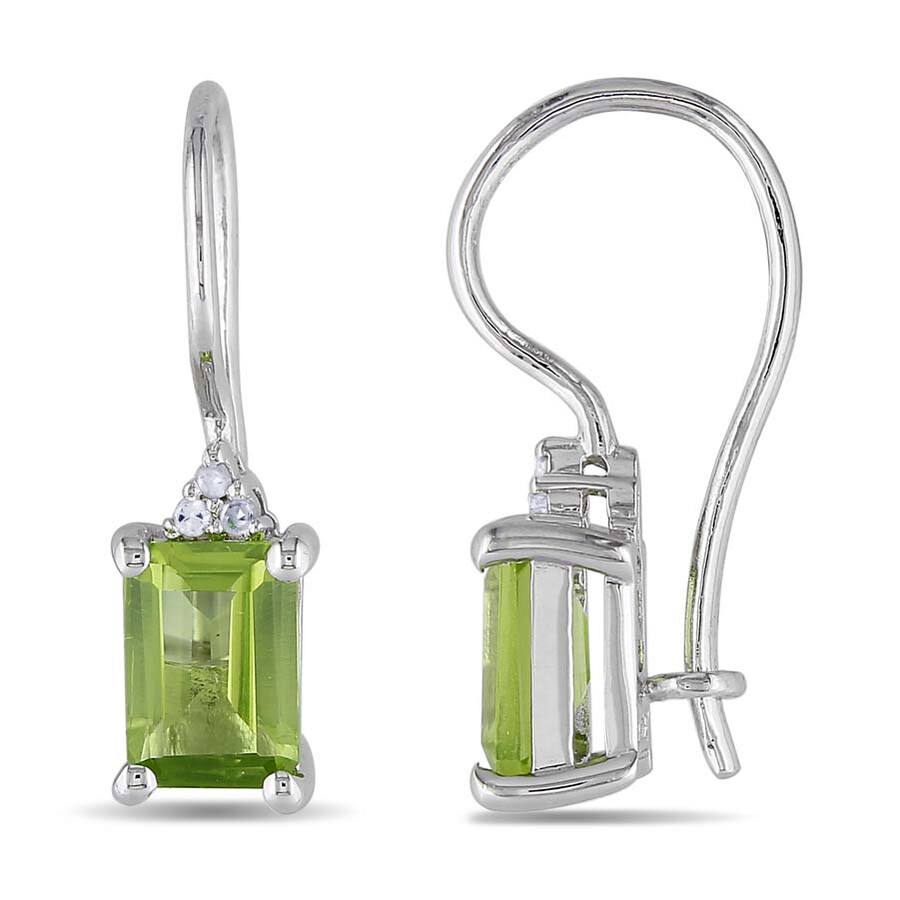 Amour Emerald Cut Peridot And Diamond Accent Euroback Earrings In Sterling Silver In Emerald / Silver / White