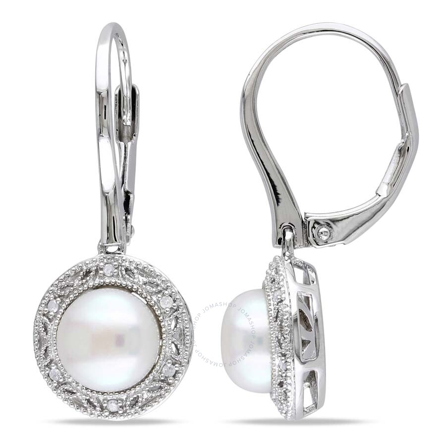 Shop Amour 7.5 - 8 Mm White Cultured Freshwater Pearl And Diamond Filigree Halo Leverback Drop Earrings I In Silver / White