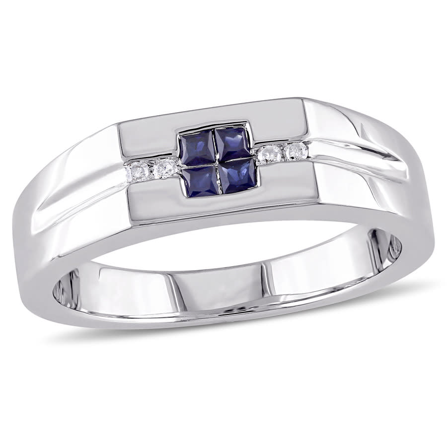 0.05 CT Diamond TW And 1/3 CT TGW Sapphire Men's Ring Silver