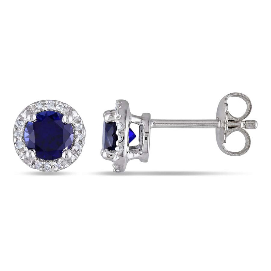 Shop Amour Created Blue Sapphire And Diamond Halo Stud Earrings In Sterling Silver In Blue / Silver / White