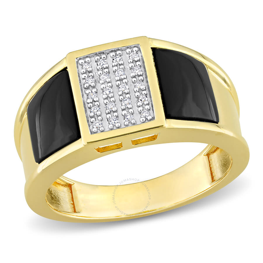 Amour 2 Ct Tgw Square Black Onyx And 1/10 Ct Tw Diamond Men's Ring In Yellow Plated Sterling Silver In Yellow
