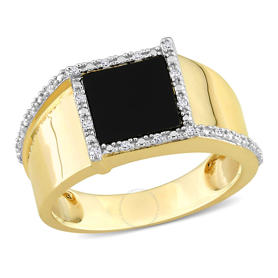 Shop Amour 6 Ct Tgw Square Black Onyx And 1/10 Ct Tdw Diamond Men's Ring In 10k Yellow Gold