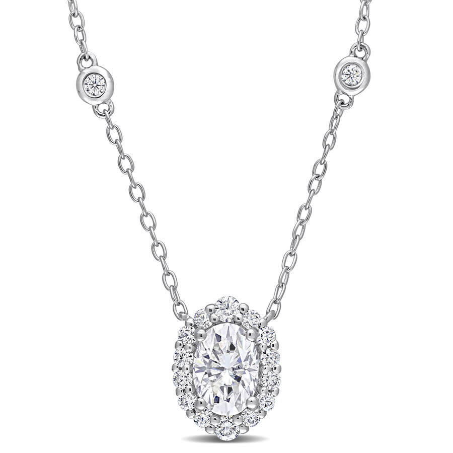 Amour 1 1/2 Ct Dew Created Moissanite Oval Halo Necklace In Sterling Silver In White