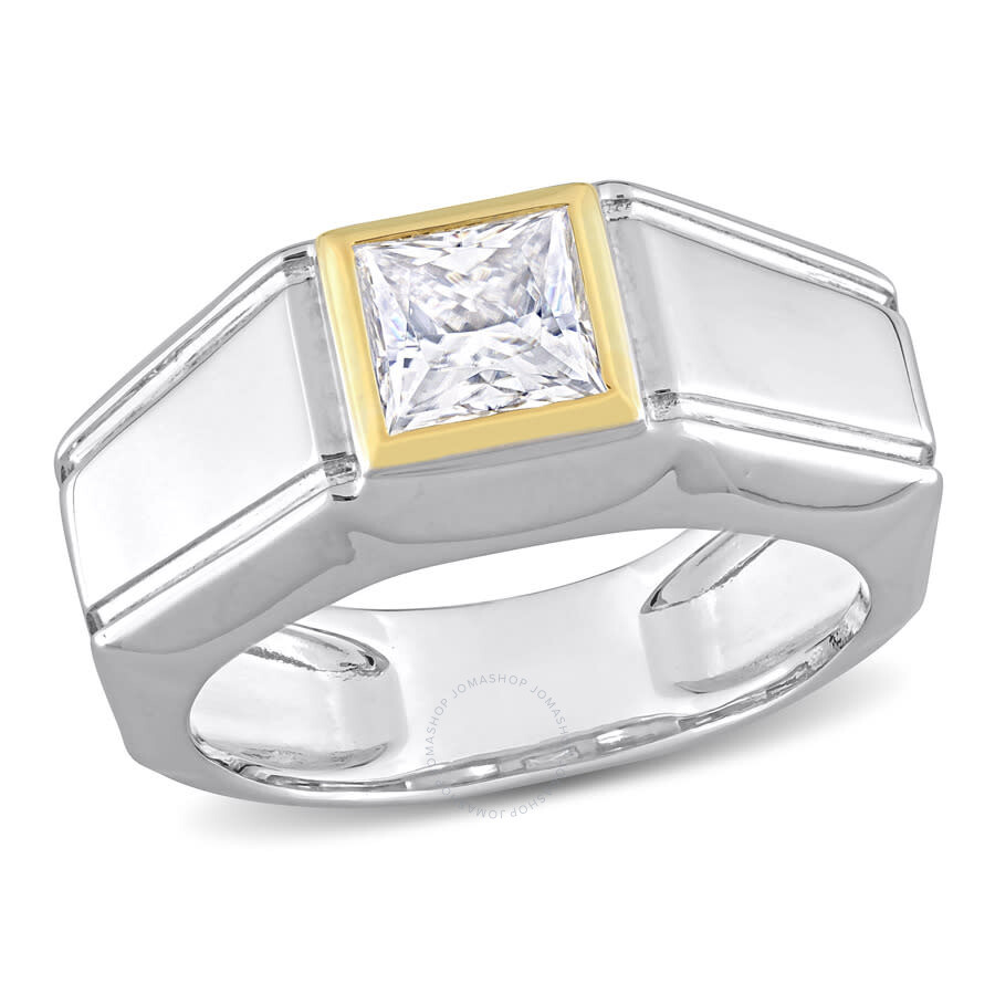 Amour 1 1/5 Ct Tw Moissanite Solitaire Men's Ring In 2-tone Sterling Silver With Yellow Gold Plating In Two Tone