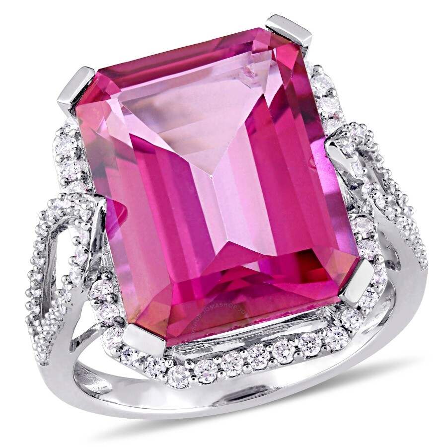 Amour 1/2 Ct Tw Diamond And 14 1/2 Ct Tgw Pink Topaz Octagon Ring In 14k White Gold In White