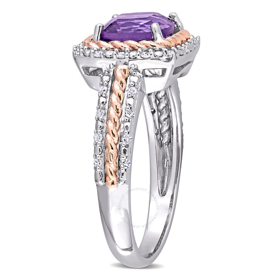 Amour 1 2/5 Ct Tgw Cushion Amethyst And 1/6 Ct Tdw Diamond Halo Ring In White And Rose Plated Sterli In Two-tone