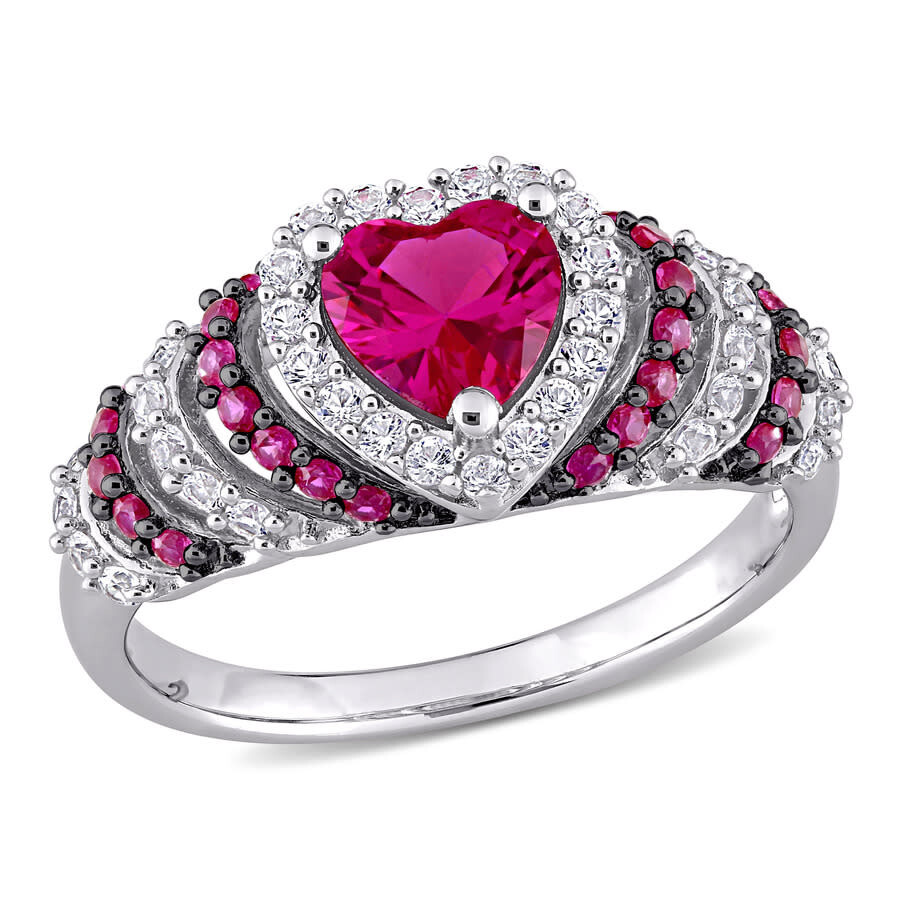 Amour 1 3/4 Ct Tgw Created Ruby And Created White Sapphire Heart Halo Vintage Ring In Sterling Silve In White